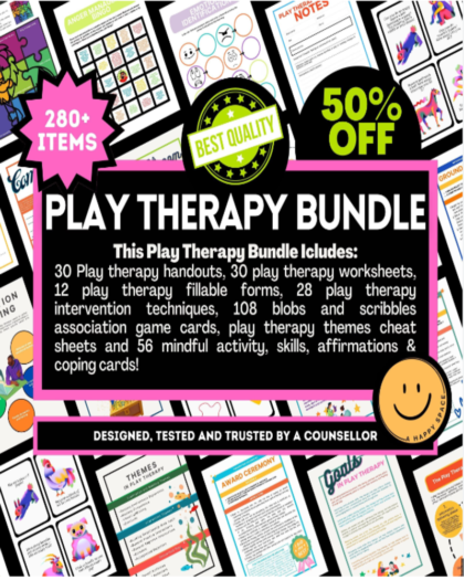 Play Therapy Resource Bundle for Therapists Child School Counselor Gestalt SEL Play-Based Intervention Worksheets Cheat Sheets Techniques EQ
